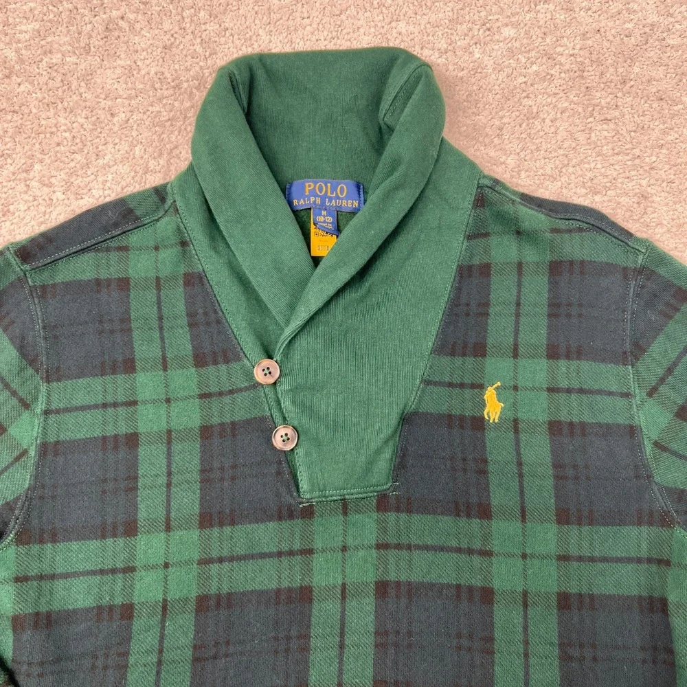 Ralph Lauren Kids Green Black Watch Plaid Mock Neck‎ Fleece Sweatshirt Boys M